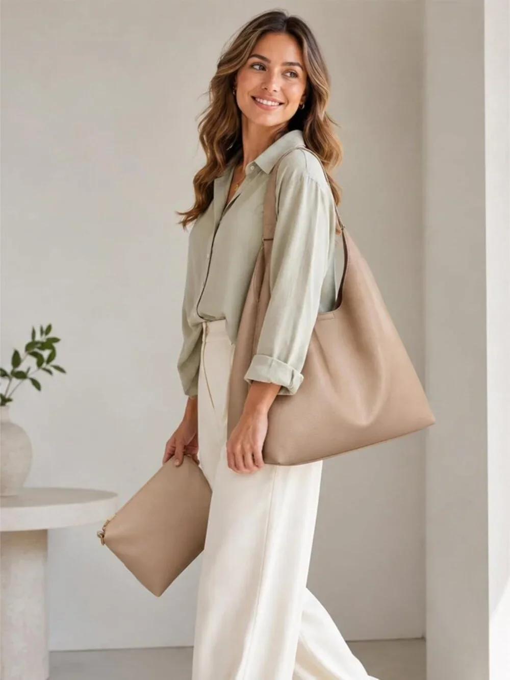 Hobo Bags for Women 2 Pcs Set, Large Soft Vegan Leather Slouchy Tote Bag | Faux